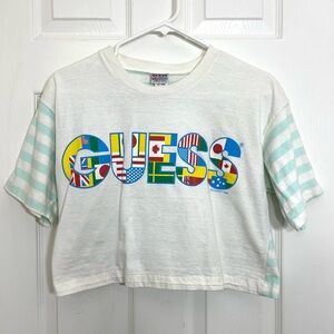 Vintage 80’s Guess Flag Cropped T-Shirt White Sea Foam Green Striped Size S
